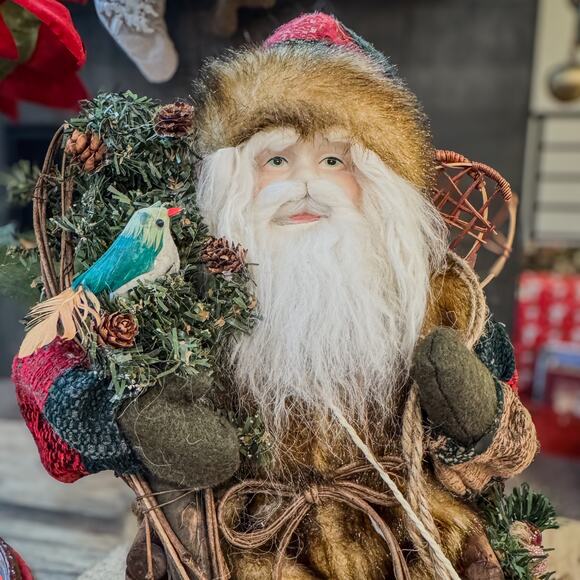 Woodland Mountain Man Santa in Wooden Twig Chair w/ Bird & Snow Shoes, 14"H - Picture 2 of 15